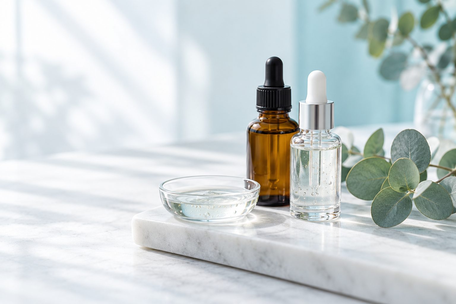 Two glass dropper bottles and a small dish of clear serum on white marble beside eucalyptus leaves