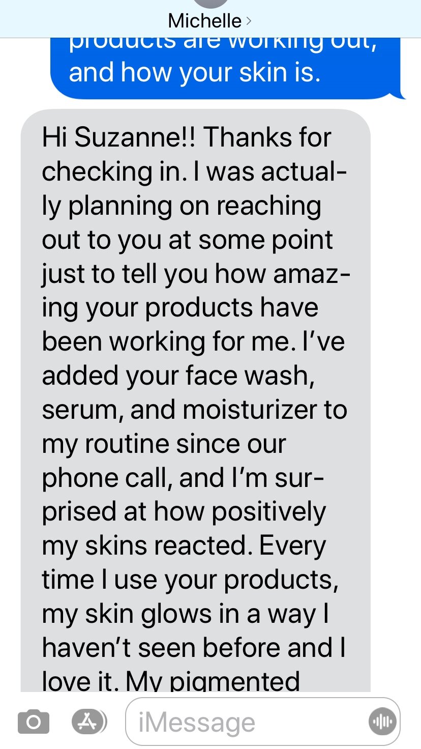 Screenshot of the text message from Michelle thanking Suzanne for her products